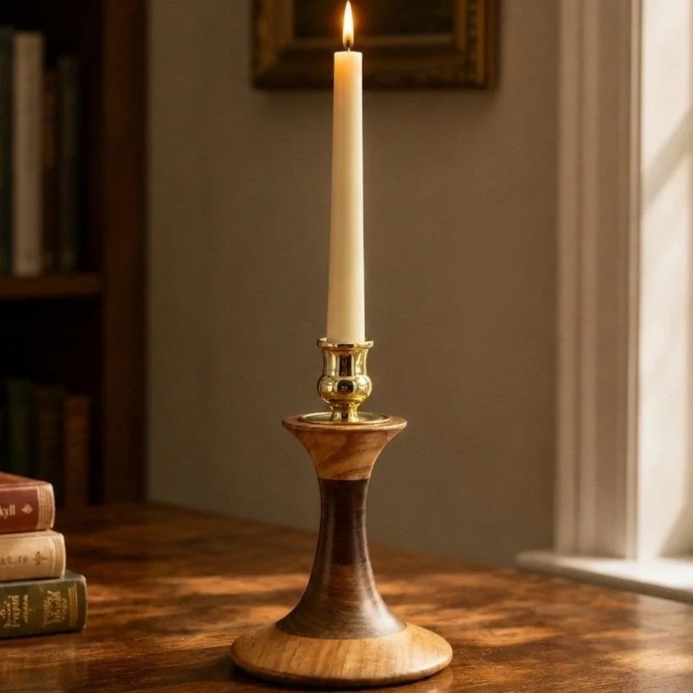 Turned Wood Brass Candlestick The Final Turn Artisan Signed Adirondack NY ~ 7